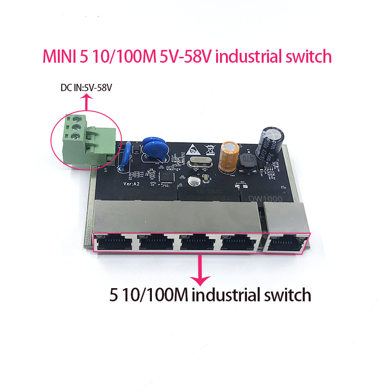 Tidak dikelola MINI 5port 10/100M 5v-58v modul industri papan PCBA switch eternet perlindungan Lightning 4KV, anti-statis 4KV
