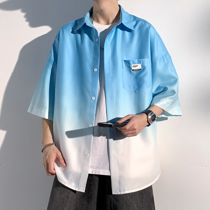 Kemeja pria bersaku warna gradien, kasual modis musim panas antilembap gaya Korea muda cocok untuk semua
