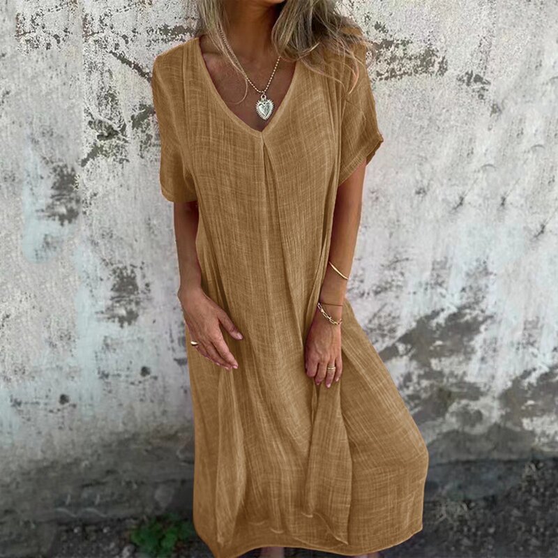 Women's Loose Fitting V Neck Casual Dress Solid Color Short Sleeve Cover Up Laides Dresses Simplicity Long Skirts For Women