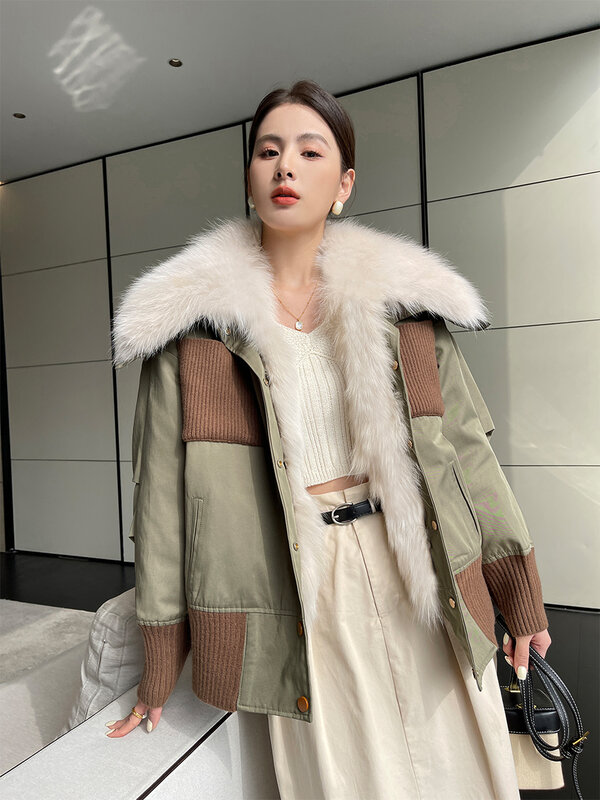 女性用の大きなキツネの毛皮のジャケット,取り外し可能なウサギの毛皮の襟付きの暖かいジャケット,高品質,100%