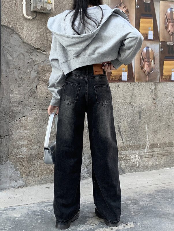 Jeans gótico preto feminino, streetwear estético Harajuku, calças jeans largas, roupas da moda vintage, Y2k