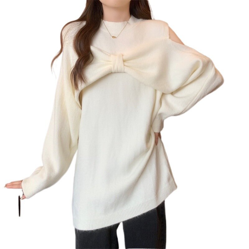 Women's Knitted Large Size 2024 New Style Fat Sister Solid Color Fashion Pullover Loose Bow Long Sleeve Sweater