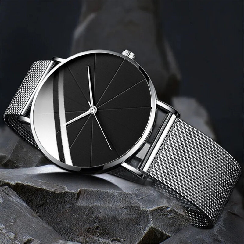 3 Stück Set Mode Herren ultra dünne einfache Uhren Männer Business Casual Armband Halskette Edelstahl Mesh Gürtel Quarzuhr