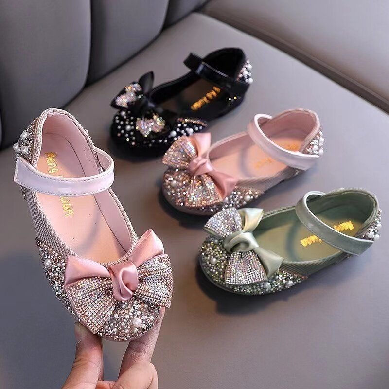 2024 New Children Leather Shoes Rhinestone Bow Princess Girls Party Dance Shoes Baby Student Flats Kids Performance Shoes