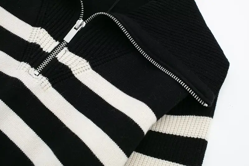 Frauen neue Mode Reiß verschluss Dekoration kurz gestreiften Strick pullover Vintage Revers Langarm weibliche Pullover schicke Tops