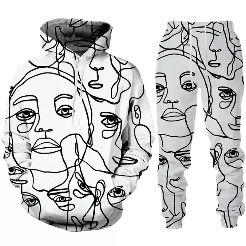 Sweat à capuche imprimé visage abstrait 3D pour femme, pull femme, pantalon de jogging PVD, imbibé, tenues de survêtement décontractées pour couple, nouvelle mode, 2 pièces