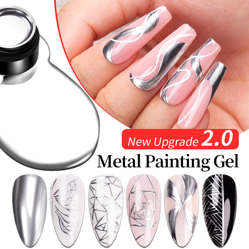 Bozlin 5Ml Metallic Painting Gel Polish Super Heldere Zilveren Spiegel Nagellak Semi-Permanente Lijnen Franse Nail Art Gel