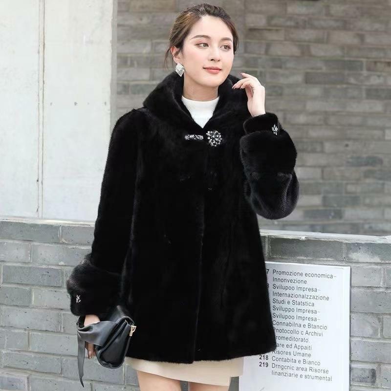 Mantel bulu cerpelai imitasi untuk wanita, mantel luaran parka bertudung hangat dipertebal panjang setengah warna polos kasual mode musim dingin 2023