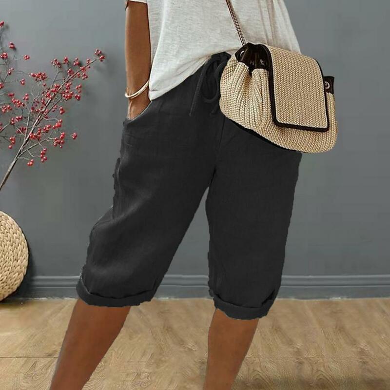 Damen Baumwoll Leinen Shorts Vintage lose Hose mit weitem Bein Kordel zug knielange Hose für Damen elastische Taille mit Taschen