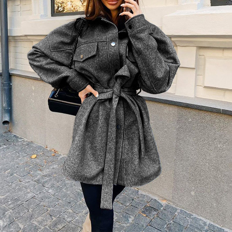 레트로 긴 소매 사이드 포켓이 있는 캐주얼 패션 루즈핏 라펠 울 코트 여성용, 따뜻한 코트, 2023