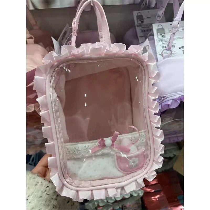 Bolso de mano de encaje transparente para muñeca, bolsa de almacenamiento portátil con dibujos animados, bonito y dulce, novedad de 2024