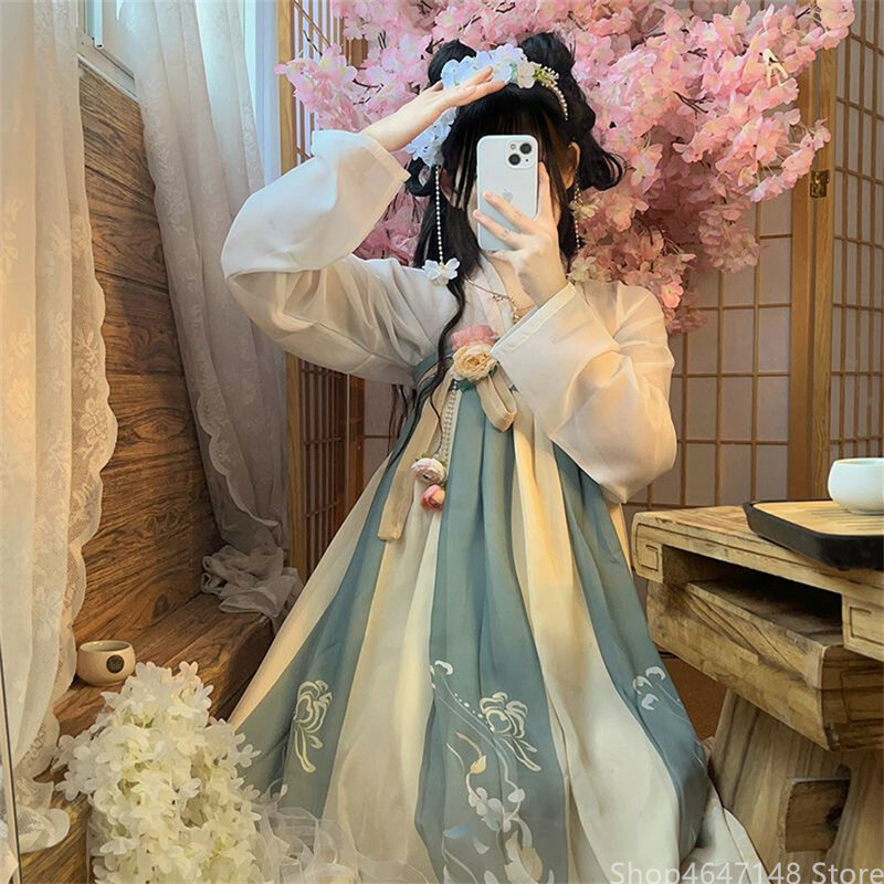 당나라 Ru 스커트 여성용 개량 꽃무늬 프린트 요정 드레스, 우아한 중국 전통 한푸 커스텀 파티 원피스