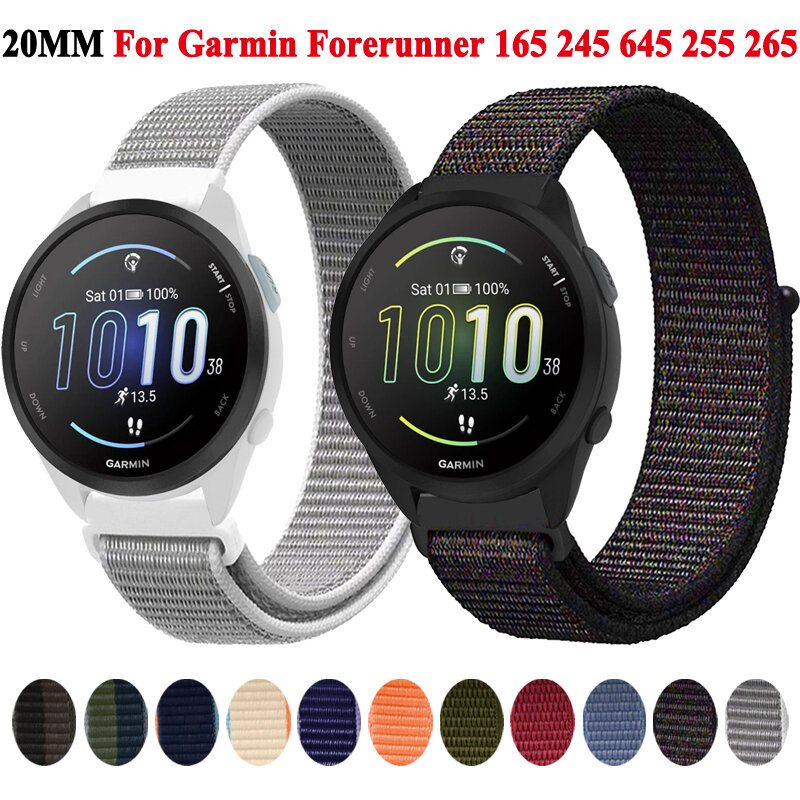 Correia de relógio de nylon para Garmin Forerunner, pulseira, pulseira loop, 245, 265, 255, 165, 645, 22mm, 20mm