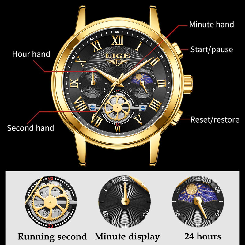 LIGE-Montre en or pour homme, marque supérieure, luxe, sport, étanche, quartz, chronographe, montres-bracelets, mode