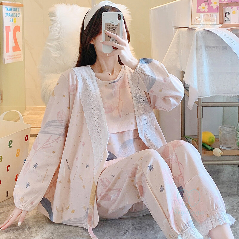 Осенняя тонкая молочная шелковая хлопковая одежда для сна для беременных и кормящих мам милые пижамные костюмы Одежда для беременных домашняя одежда для отдыха