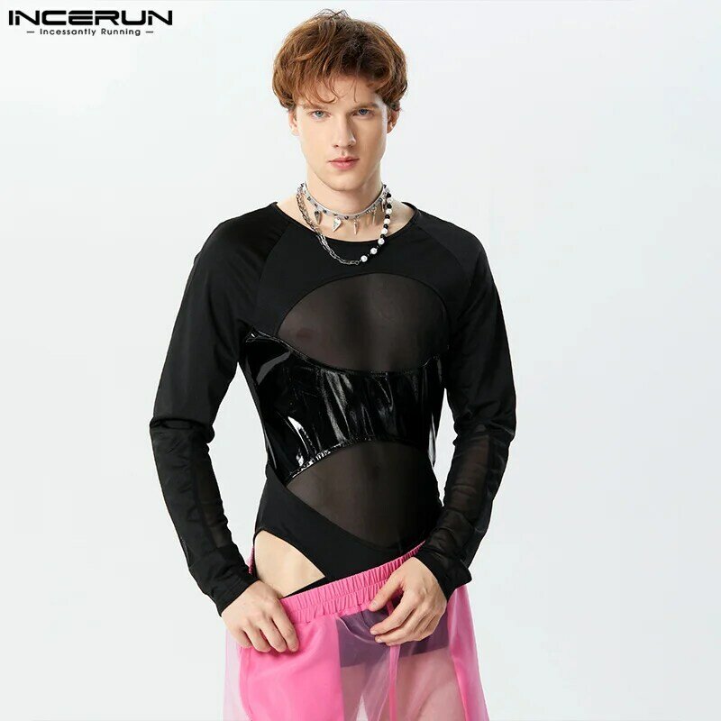 INCERUN 2023 seksowny styl męska odzież domowa z siatką przesędne kombinezony stylowe trójkątne body z długimi rękawami S-3XL