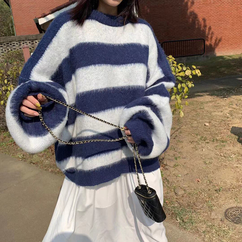 Suéter de punto a rayas coreanas para mujer, suéter de manga larga con cuello redondo, Tops holgados de moda informal Vintage, otoño