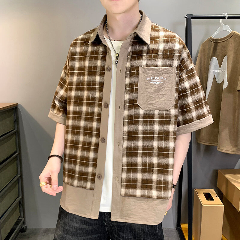 Harajuku Summer Letter Print Short Sleeve Plaid Shirt for Men Lapel Patchwork Hip Hop Overalls Streetwear Vintage Loose Tops Tee