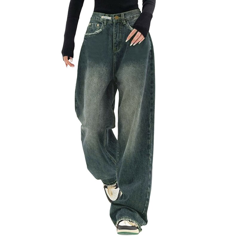 Celana panjang Denim longgar wanita, gaya Vintage 2024 pakaian jalanan kaki lebar celana Denim longgar mode celana lurus Distressed Streetwear