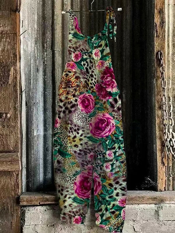 Macacão floral feminino com suspensórios estampados em 3D, macacão confortável e solto, elegante boho chic, pouco fresco, verão