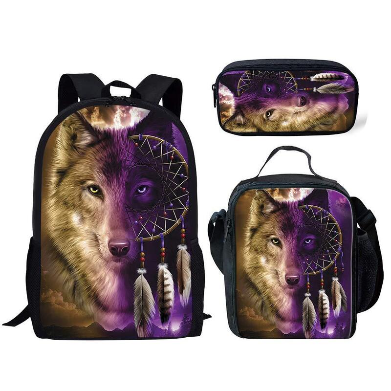 Fajny wilk Totem dzikie zwierzęta 3 sztuk/zestaw plecak z nadrukiem 3D uczeń torba Anime mała torba na laptopa piórnik na Lunch