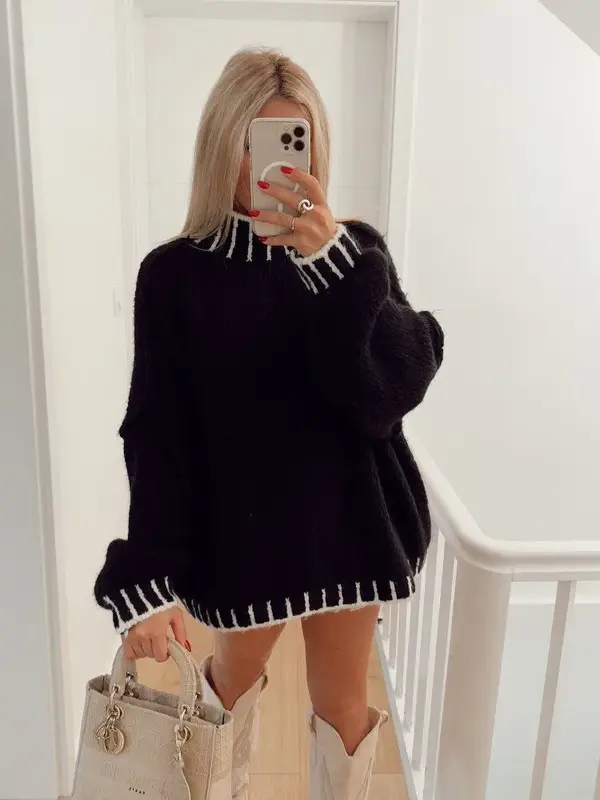 Fashion Turtleneck Patchwork Oversize Sweater Women Chic Lantern Long Sleeve Loose Knitted Pullover Autumn Lady Warm Knitwear
