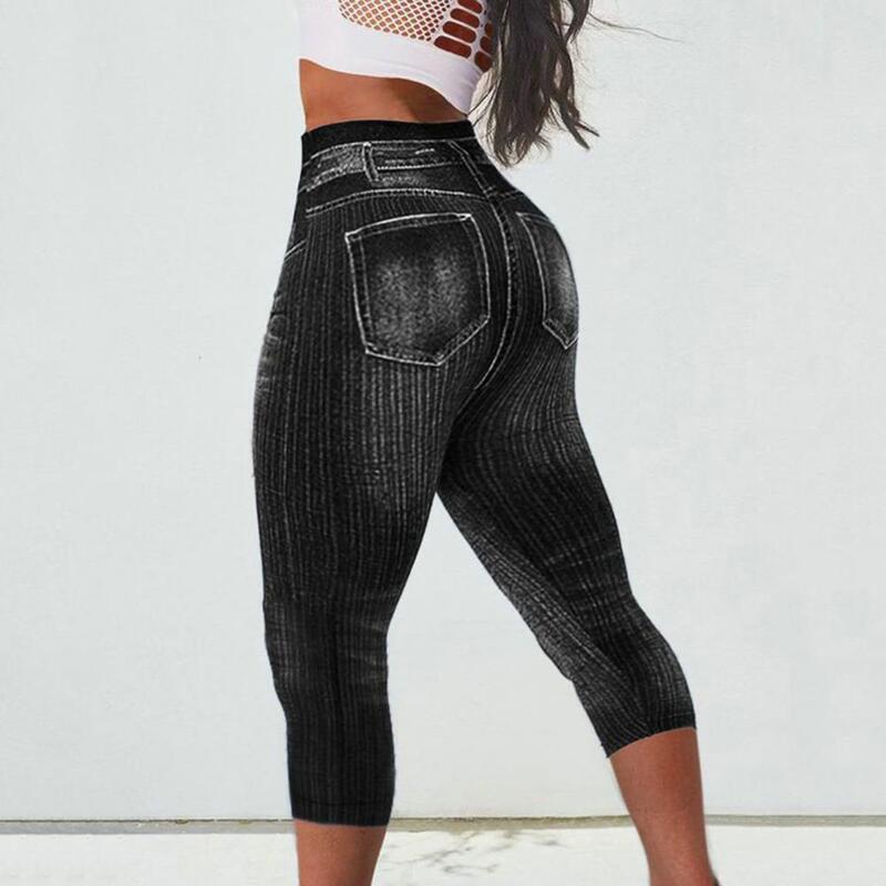 Women Summer Pants Flattering High-waisted Women's Cropped Denim Pants with Faux Pockets Butt-lift for Casual or Fitness Wear