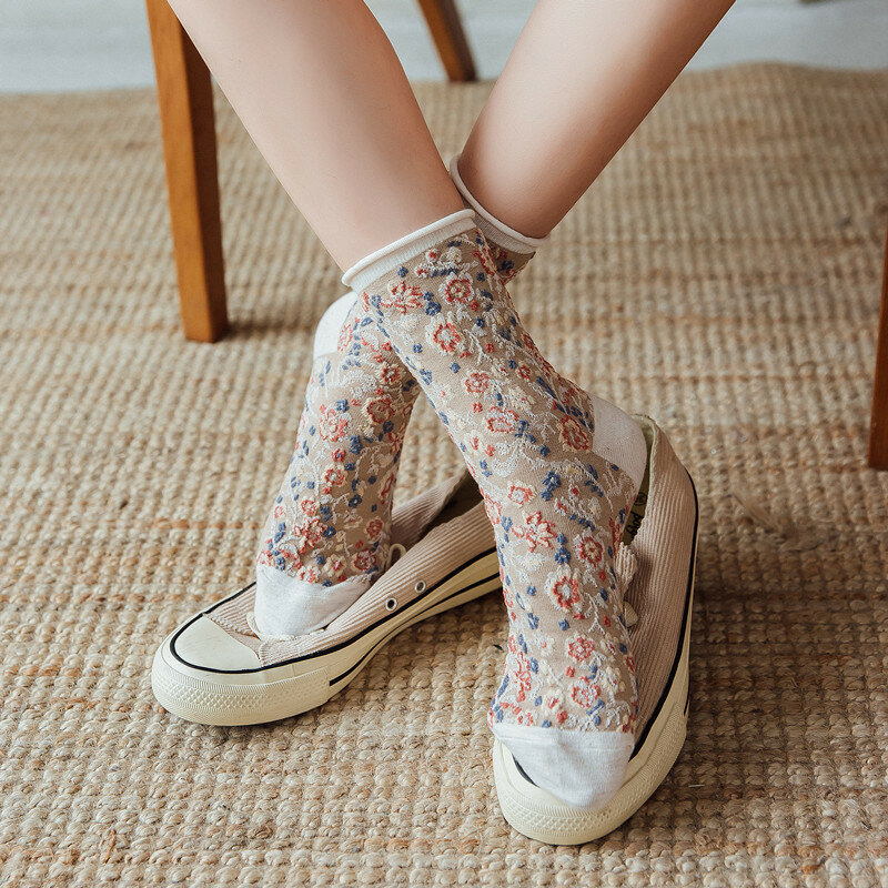 Kaus kaki kru pakaian jalanan, Harajuku kopi Vintage Retro untuk wanita kaus kaki wanita kualitas tinggi motif bunga Ruffle kaus kaki lucu Jepang