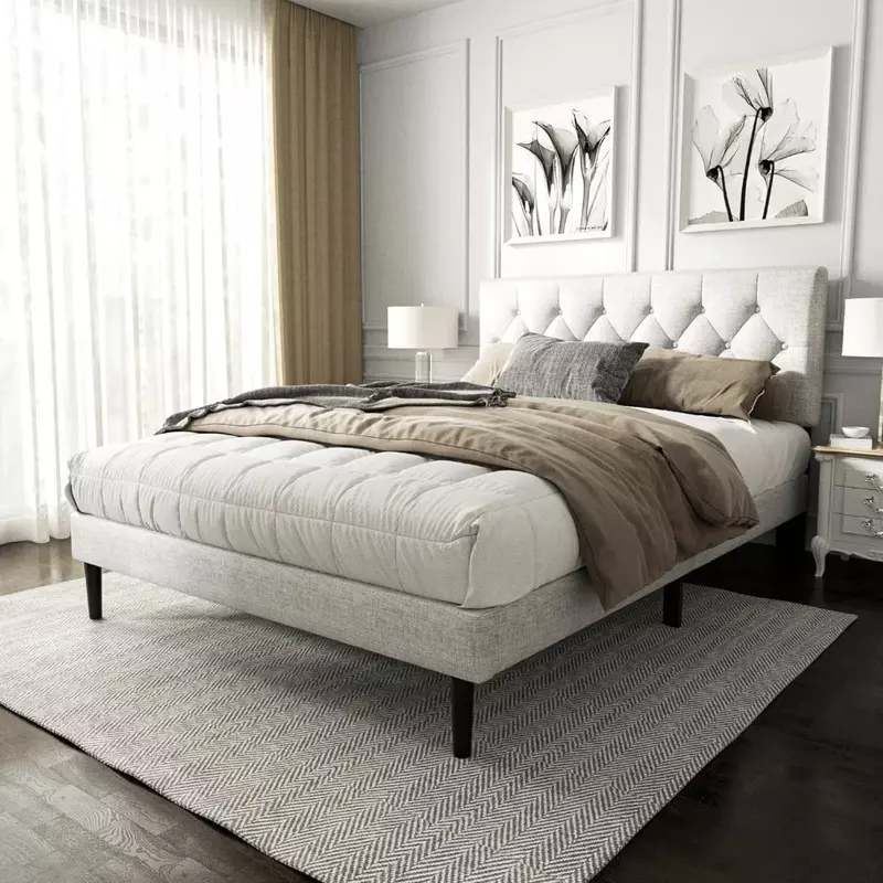 Bed Frame, Mattress Base, with Plank Support, Noiseless, No Box Spring, Easy Assembly, with Padded Button Tufted Headboard