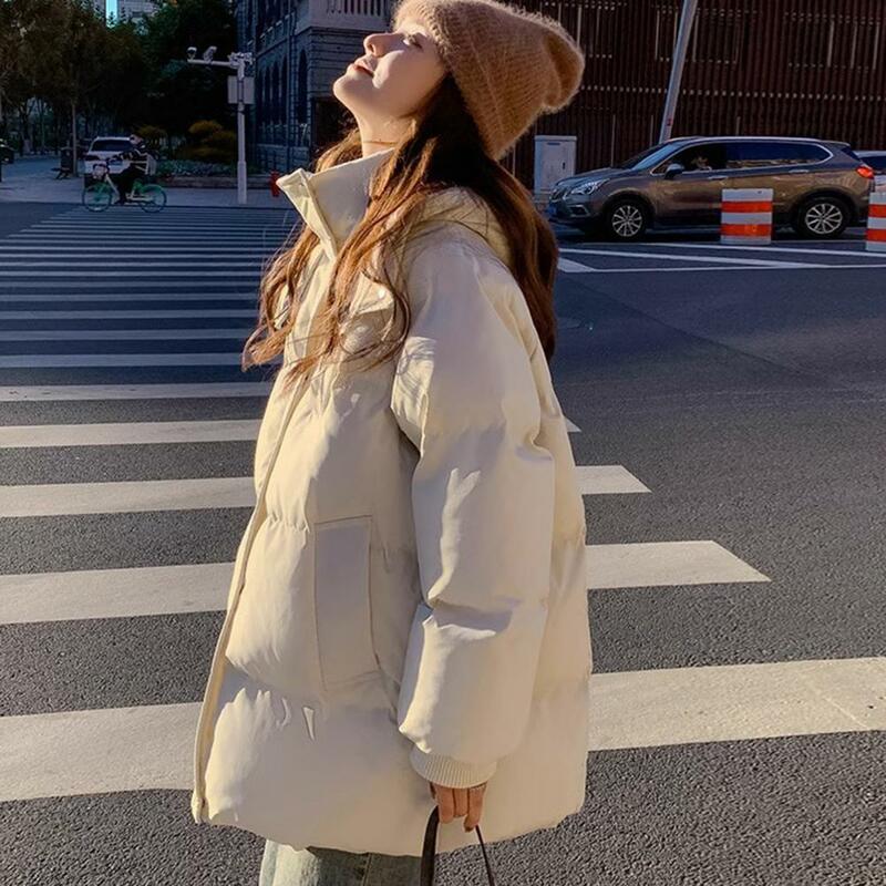 Warm Mid-length Cotton-padded Jacket Women's Winter Hooded Cotton Coat with Thick Padded Windproof Warmth Elastic Cuff Mid