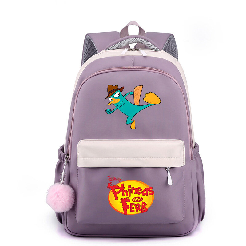 กระเป๋านักเรียนวัยรุ่นสำหรับเด็กความจุสูงกระเป๋าเป้สะพายหลังท่องเที่ยวของเด็กผู้หญิงดิสนีย์ Phineas and Ferb