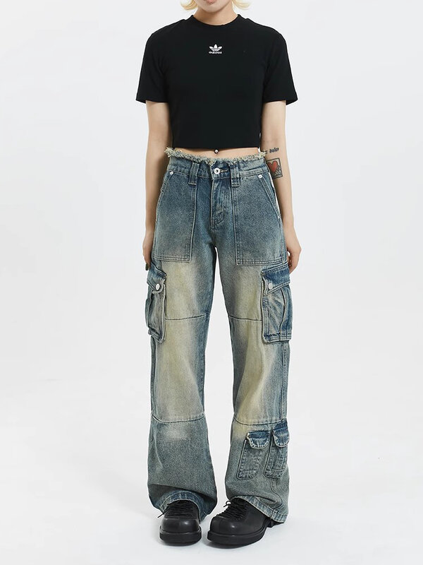 REDDACHIC-Calça Jeans de carga de cintura baixa masculina, calças largas, bolsos grandes angustiados, calças casuais de perna larga, streetwear coreano Y2K