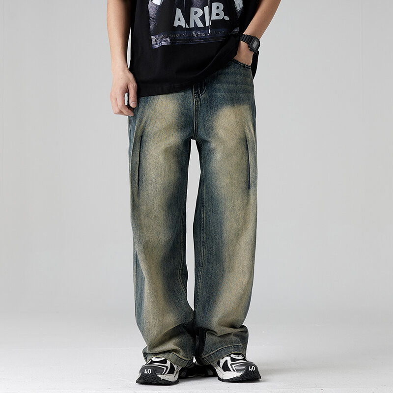 Pantalones vaqueros de retazos de gama alta para hombre, jeans bordados con diseño de pierna recta desgastado, vintage, retro, a la moda