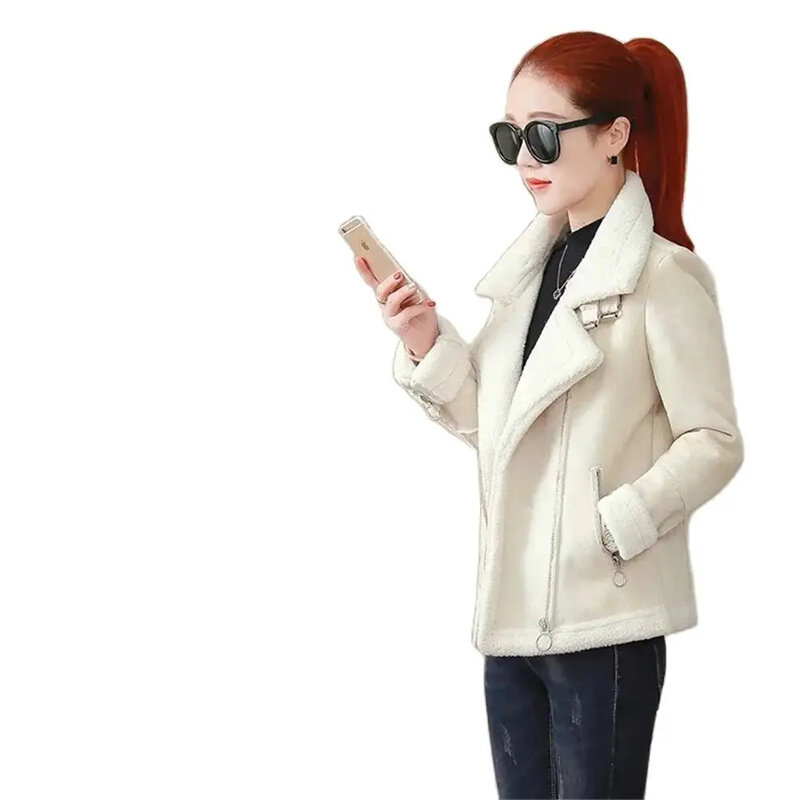 Casaco feminino de lã de cordeiro de cashmere, jaqueta grossa, terno coreano de motocicleta, roupas novas, outono e inverno 2023
