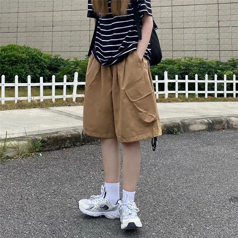 Harajuku Style Large Pockets Cargo Shorts Women Summer Loose Casual Vintage Streetwear High Waist Straight Wide Leg Pants Shorts