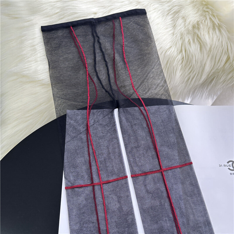Пикантные шелковые чулки с красными креветочками, ультратонкие шелковые колготки с защитой от застежек, женские черные шелковые носки с вертикальным низом