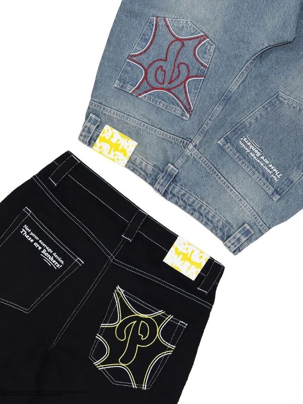 Street Y2k Black Jeans Retro Embroidery Straight Baggy Jeans Harajuku Hip Hop Fashion Gothic Ripped Large High Waist Denim Pants