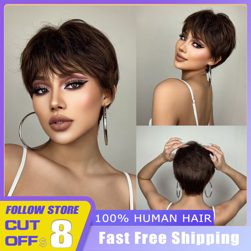 Pixie Cut Glueless Human Hair Wigs for Black Women Short Brown Layered Human Natural Hair Daily Wig Machine Made Human Hair