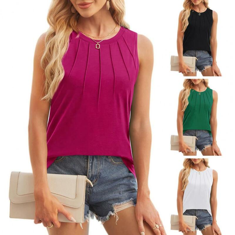 Summer Vest Stylish Women's Summer Tank Tops O-neck Sleeveless Pleated T-shirt Loose Fit Solid Color Pullover for Streetwear