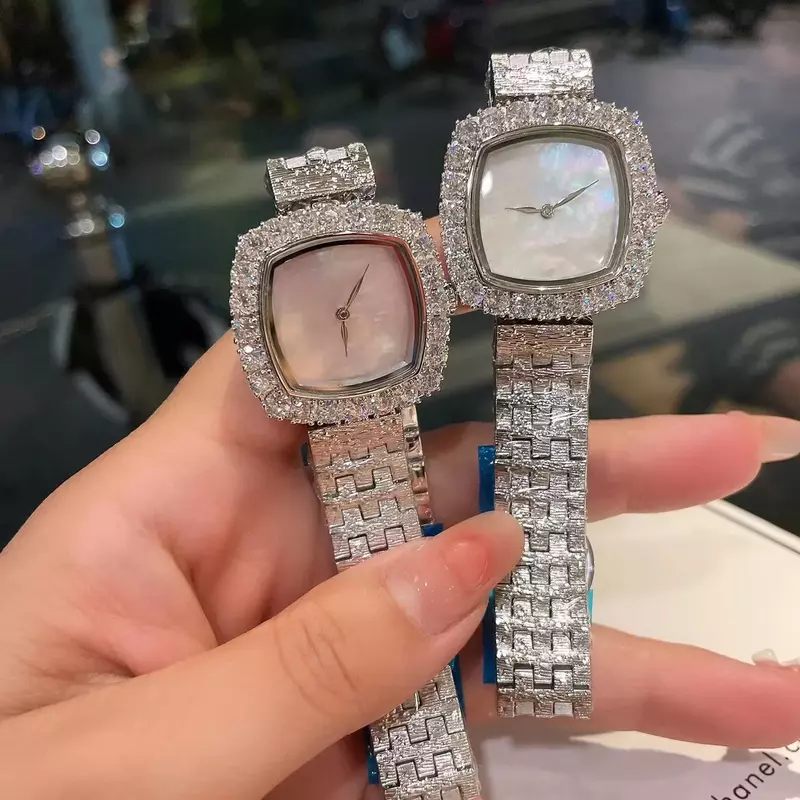 Diamante quadrado das mulheres embutidos quartzo relógio de pulso, relógios personalizados impermeáveis, moda luxo marca, relógio de pulso Natal simples, alta qualidade, AAA