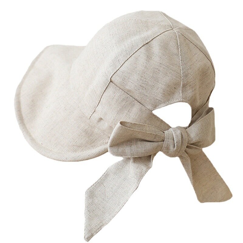 ผู้หญิงผ้าฝ้ายฤดูร้อน Hemp Topi Bucket หมวกกันแดดหมวกชายหาดกลางแจ้งปานามา Bowknot พับได้หมวกบังแดด Breathable