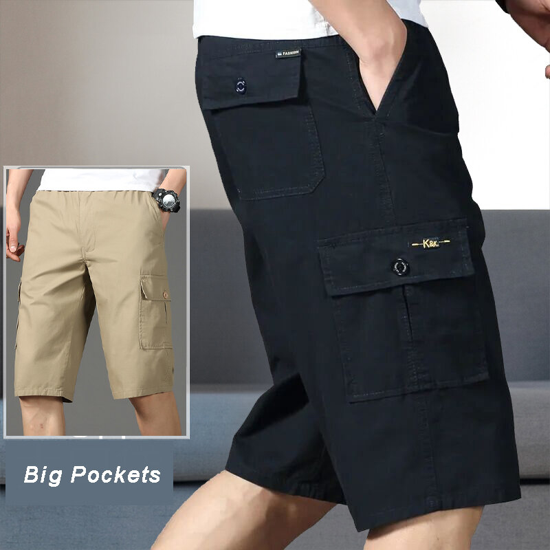 Męskie spodenki Capri bawełniane szorty Cargo letnie spodnie dresowe z elastycznym pasem wędrówki biegające na dużą przycięte spodnie siłownię poniżej kolan