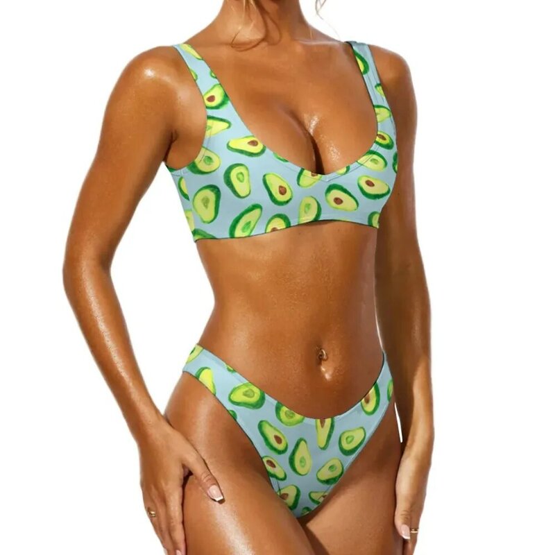 Microbikini Kawaii con estampado de frutas para mujer, traje de baño con estampado de aguacate, conjunto de Bikini Sexy con Push-Up, ropa de playa con estilo para Surf