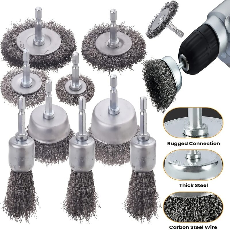 6.35mm Wire Brush Wheel Cup Brush Set Wire Brush for Drill Hex Shank Coarse Carbon Steel Crimped Wire Wheel 전동드릴 청소솔