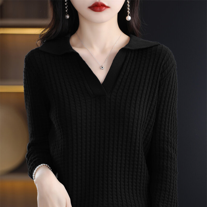 New Spring/Summer Polo Collar Thin Top Wool Long sleeved Women's Loose Short Knitted Shirt Flip Collar Pullover Bottom