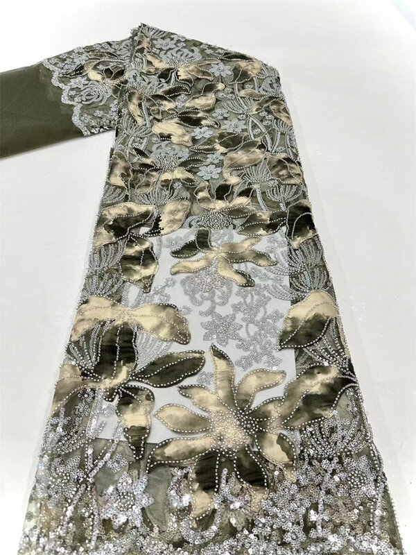 Tessuto di pizzo con paillettes ricamate francesi, tessuto di pizzo con perline nigeriano africano, abito da sposa, moda 2024