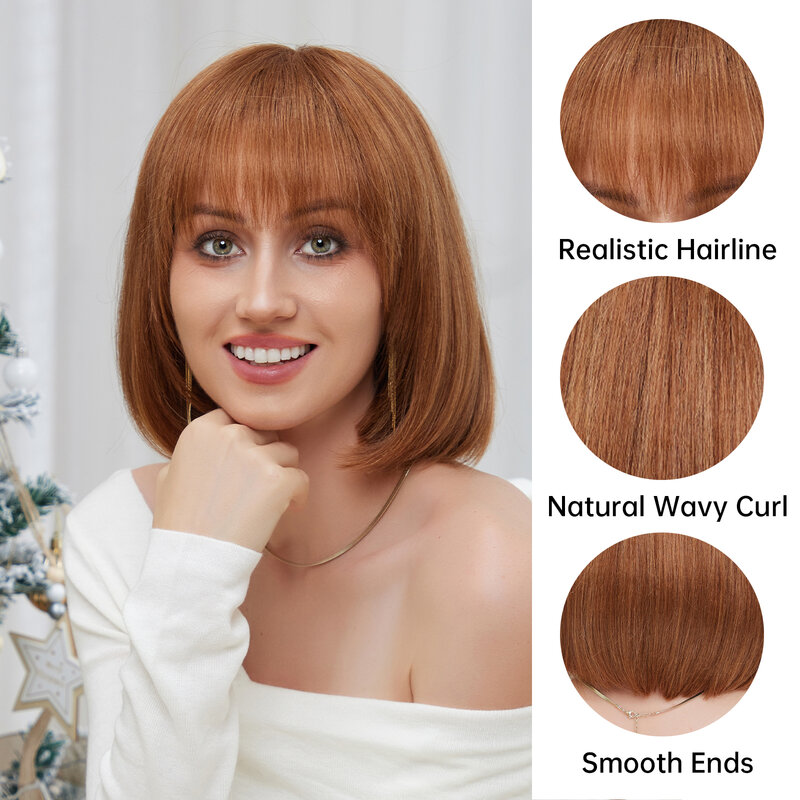 Czerwono-brązowy imbir mieszanka ludzkich włosów z perukami z włókien syntetycznych dla kobiet krótki prosty Bob naturalny peruka z grzywką odporny na ciepło