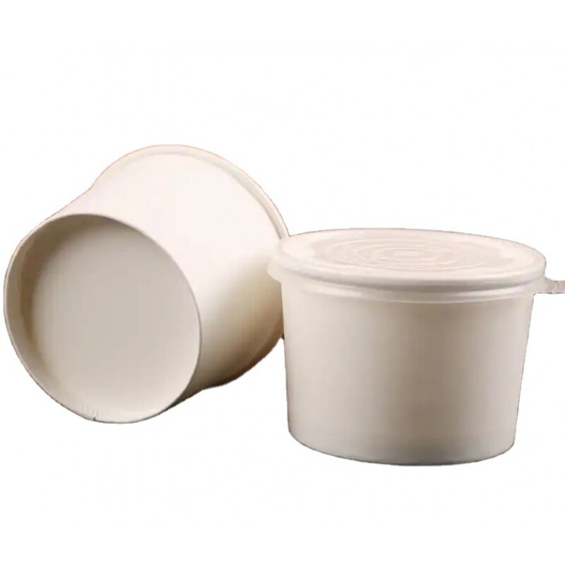 Prodotto personalizzato ciotola di carta biodegradabile in pasta di legno da 10 once con coperchio tazza da minestra usa e getta da asporto per uso alimentare per tè e acqua caffè