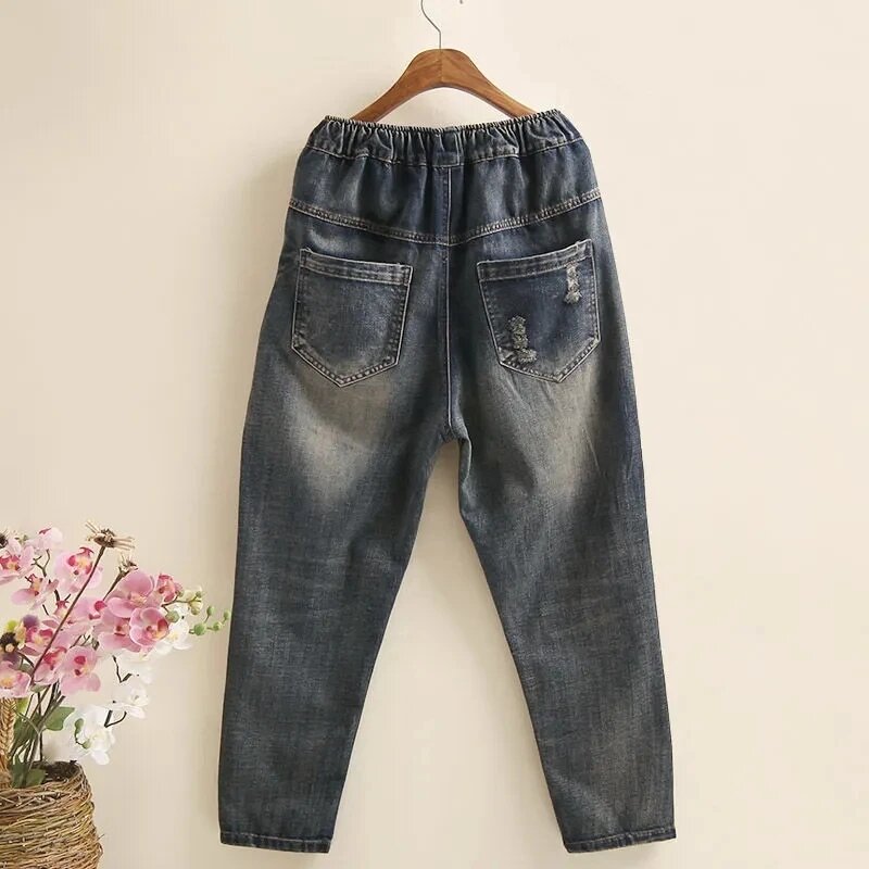 Jeans jeans retrô de cintura alta para mulheres, patch bordado, calças de cowboy de 9 pontos, calça Harlan feminina, novo, 4XL, primavera, 2022