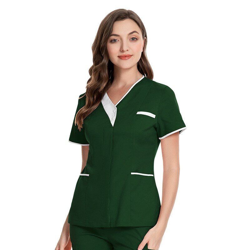Strój pielęgniarki kombinezon damski kombinezon kieszonkowy z krótkim rękawem, pielęgniarka medyczna, pracująca odzież robocza, tunika, Top